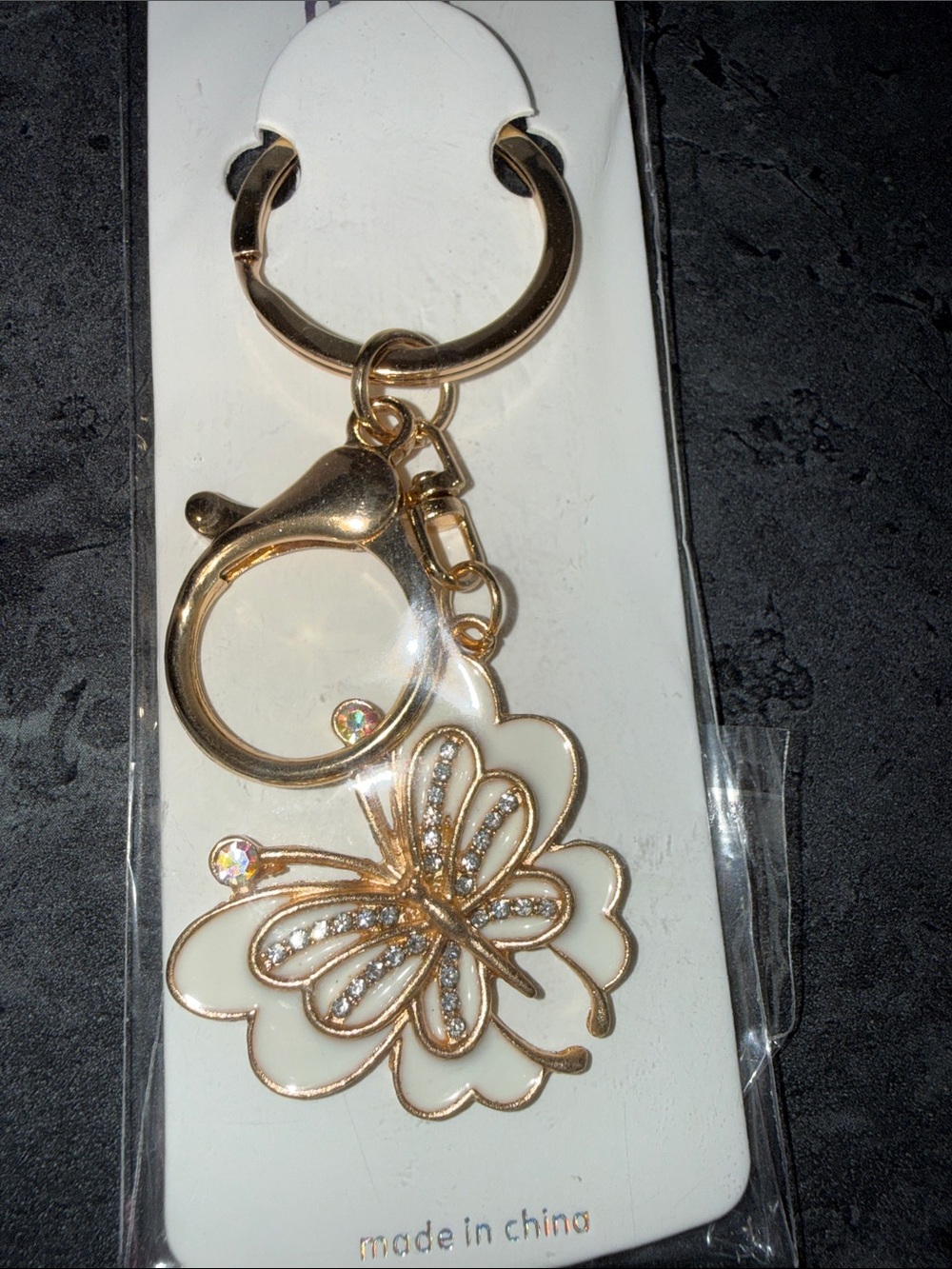 Gold Butterfly Charm Keychain - White & Gold